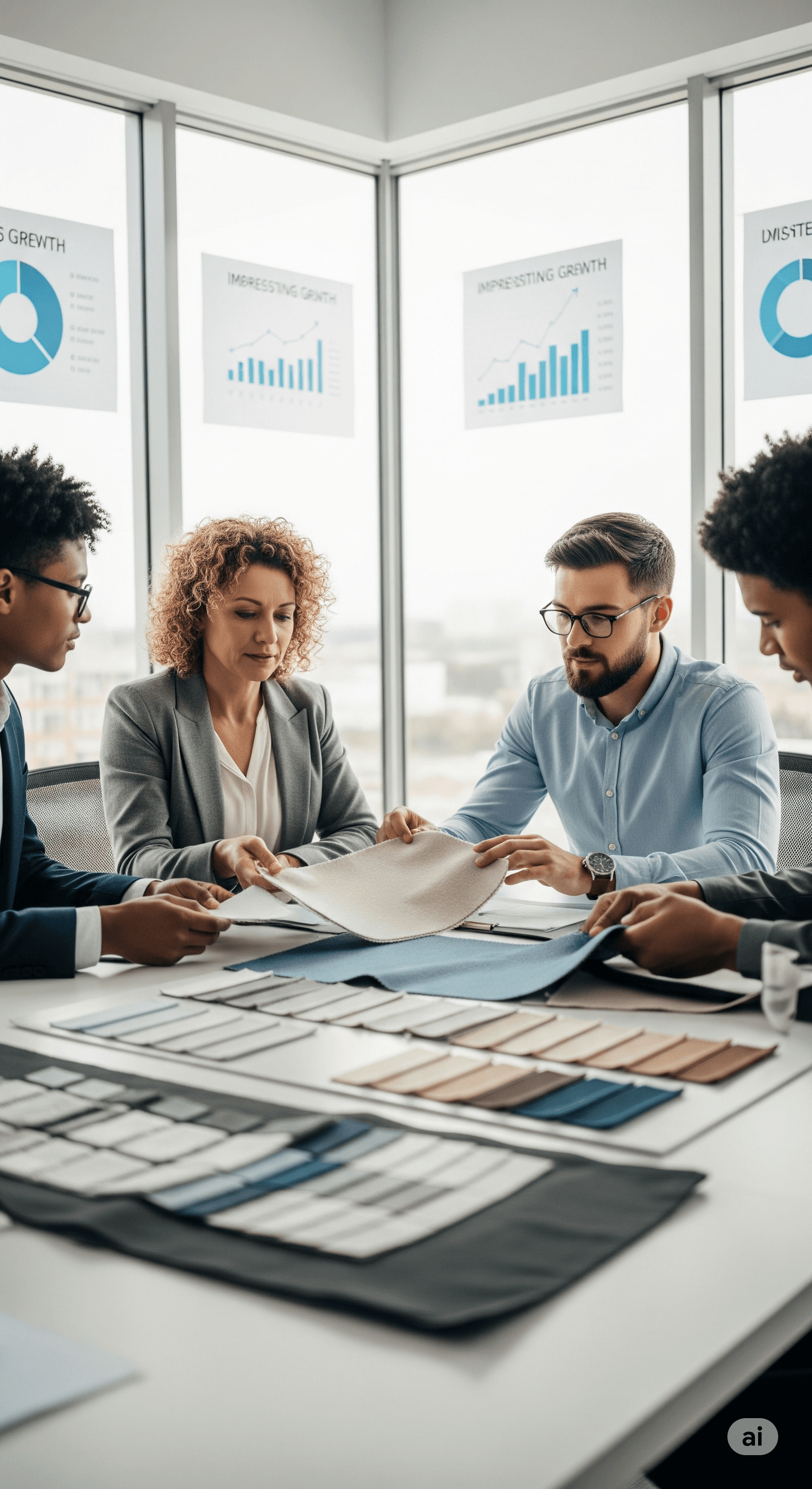 Equipo de GARIYUC revisando muestras de textiles en un ambiente colaborativo